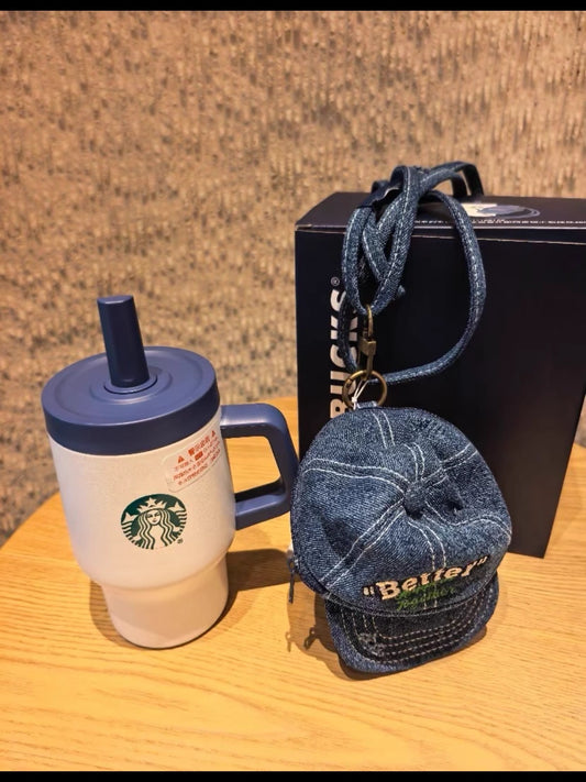 Starbucks China 2026 Denim Handle Straw Cup 480ml with Peaked Cap Pouch Pendant