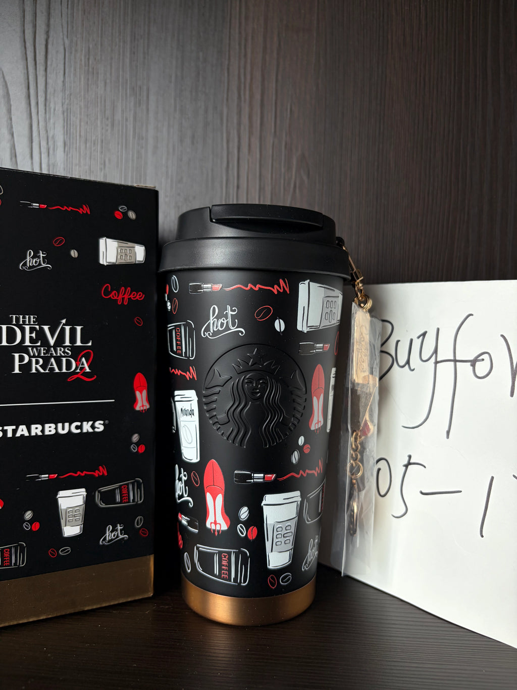 Starbucks The Devil Wears Prada Black SS Tumbler 17oz with Metal Chain front view