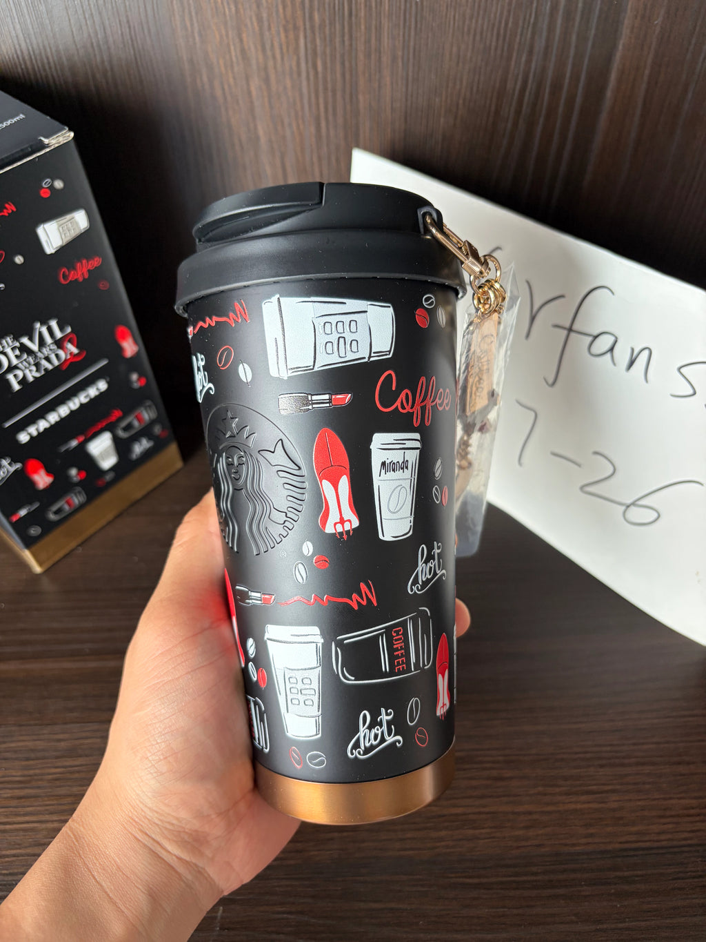 Starbucks The Devil Wears Prada Black SS Tumbler 17oz with Metal Chain on hand